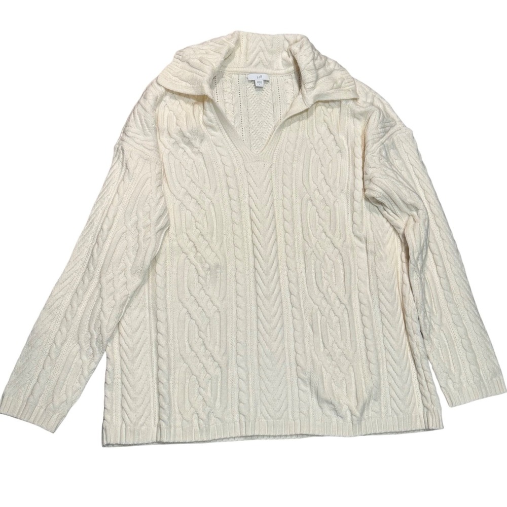 J. Jill Cable Knit Sweater Women Large Cream Excellent V-Neck Polo Collar Soft